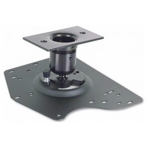 Pan-tilt camera mounting head on a perforated base plate with a central top-plate hole.
