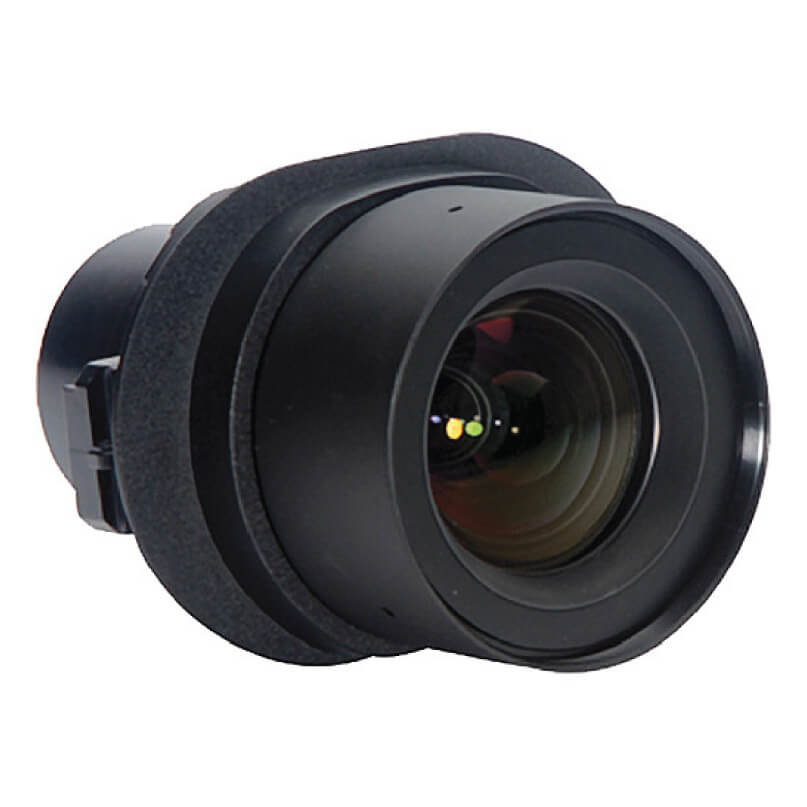 Camera lens with black housing, large front element, and foam ring.