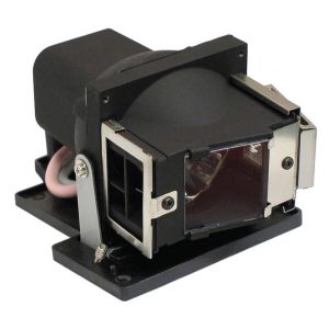 Projector lamp module with black housing, metal frame, reflective glass, and mounting bracket.