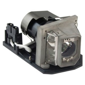 Projector lamp module with metal housing, mesh ventilation, and electrical connector.