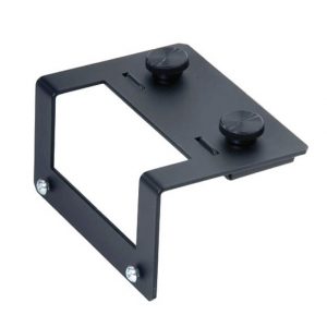 Black metal mounting bracket with U-shaped frame, top plate featuring two knurled adjustment knobs and side screws.