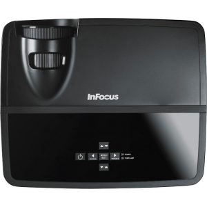 InFocus projector with glossy black housing, front control panel, and two dials.