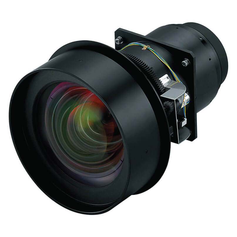 Industrial motorized camera lens with external drive unit and wiring, black metal housing, large front element.