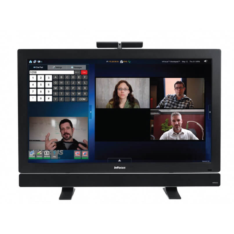 Infocus Inf5520Akit Mondopad Interactive Display Infocus video conferencing touchscreen monitor with quad video call layout, on-screen keypad, and built-in top camera bar.