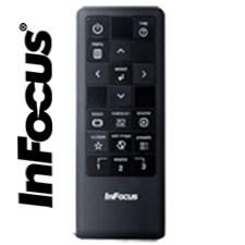 InFocus remote control with a black body and numerous rectangular buttons.