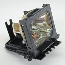 Projector lamp replacement module with glass reflector inside black rectangular housing and mounting bracket.