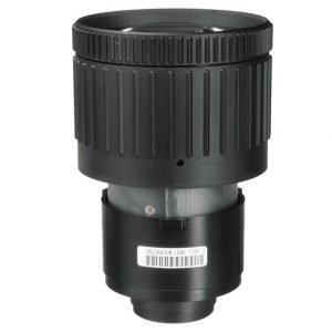 Black camera lens with oversized ribbed focus ring and barcode label.