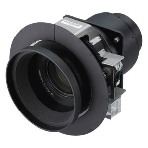 Industrial machine vision lens with motorized mount, black cylindrical housing, and exposed electronics.