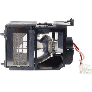 Replacement projector lamp module with metal reflector, black housing, and white/red wiring.