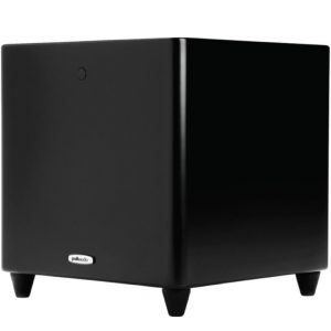 Polk Audio black subwoofer with compact rectangular cabinet, front panel, small circular indicator, and four short feet.