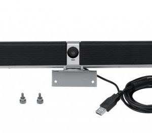 USB conference camera bar with central lens, mounting bracket, two screws, and USB cable.