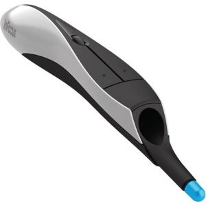 Ergonomic wireless computer mouse with silver and black casing and a blue tip at the front.
