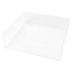 Interdyn Clear acrylic two-tier display shelf with open front.