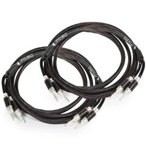 Interdyn Pro-ject speaker cables with braided black-red sleeving and metal spade connectors on both ends