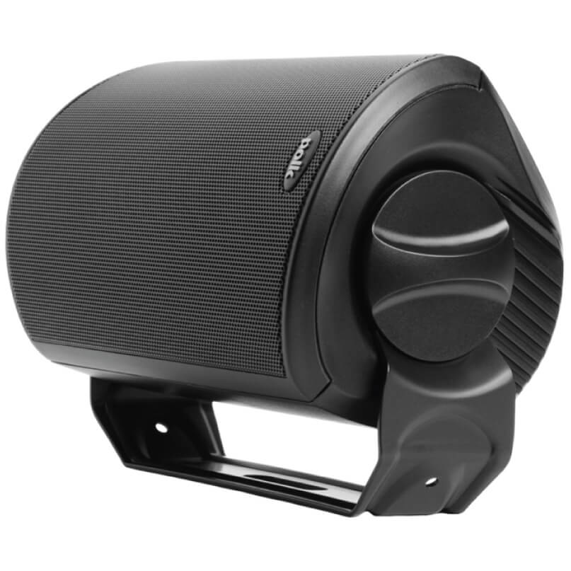 Polk Audio Atrium 4 Outdoor Speaker Black compact speaker with curved grille and mounting bracket.