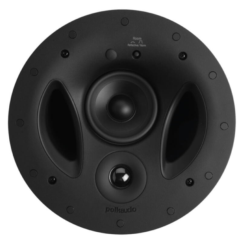 Polk Audio Vs90-Rt In-Ceiling Speaker Polk audio round ceiling speaker with central woofer, small dome tweeter, and two oval openings in black enclosure.