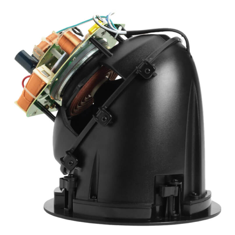 Polk Audio Vs90-Rt In-Ceiling Speaker Recessed ceiling downlight housing with exposed pcb, coils, and wiring, black plastic housing and circular base.