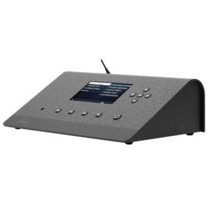 Gray conference speakerphone with LCD display, antenna, and multiple circular control buttons on a wedge-shaped base.