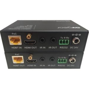 Pair of black HDBaseT HDMI extenders with PoC, HDMI in/out, IR in/out, RS232, and 24V DC power.
