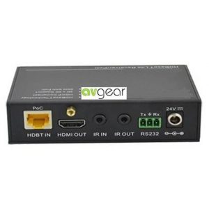 AV Gear HDBaseT receiver with HDMI output, HDBaseT IN RJ-45 port, IR in/out, RS232, and 24V power.