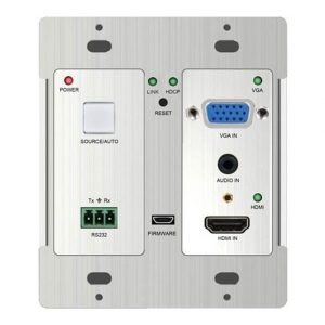 Aluminum dual-panel video switch featuring VGA and HDMI inputs, RS-232 control, and status LEDs.