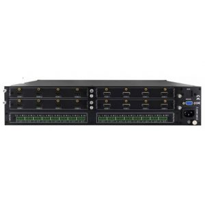 2U rack-mount industrial I/O chassis with green terminal blocks and multiple circular and HDMI-style connectors