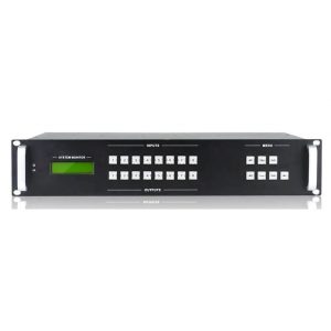 Rack-mount 8x8 AV video router with LCD display, front-panel input/output buttons and menu controls.