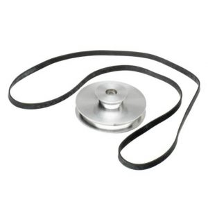 Interdyn Metal pulley with a black rubber drive belt looped around it.