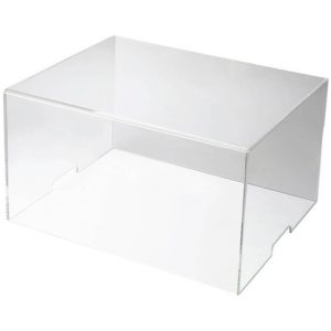 Interdyn Clear acrylic two-tier display stand with open front for showcasing products.