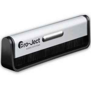Interdyn A pro-ject audio systems vinyl record cleaning brush with a metal housing and black bristles.