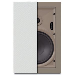 Proficient in-wall speaker with beige enclosure and white perforated grille partially opened to reveal the woofer.