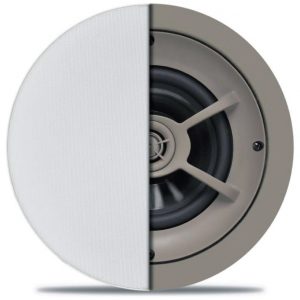 Round in-ceiling speaker with half-removed white perforated grille and exposed driver.