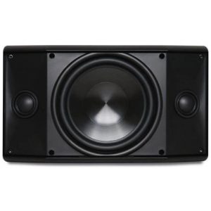 Black rectangular speaker with a large central woofer and two smaller side drivers.