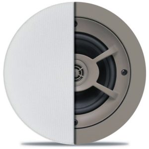 Round speaker with a half white perforated grille and exposed beige driver, showing a central hub and support structure.