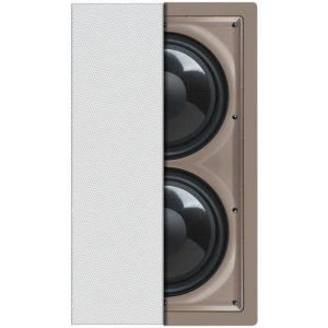 In-wall speaker with two large circular drivers behind a silver perforated grille on a beige housing.