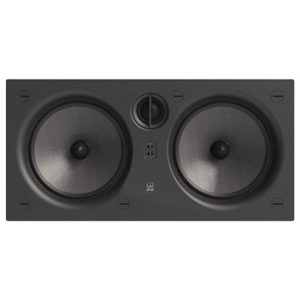Black rectangular speaker with two large round drivers and a small central circular opening.