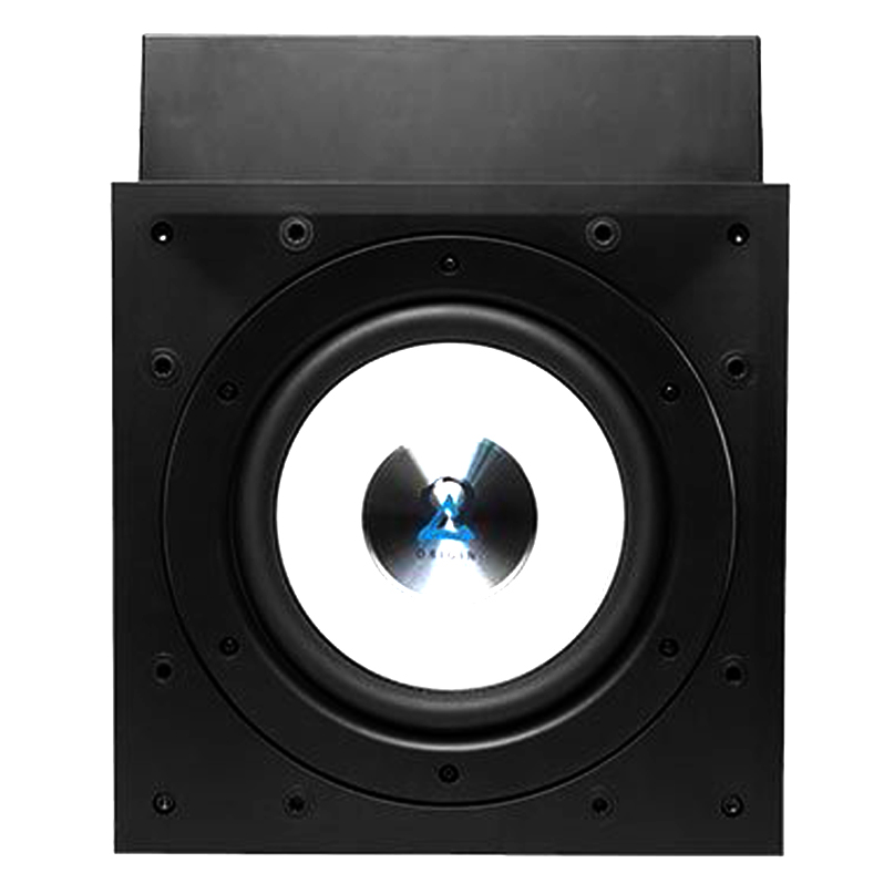 Black square subwoofer enclosure with a large circular woofer and metallic center cap featuring a blue emblem.