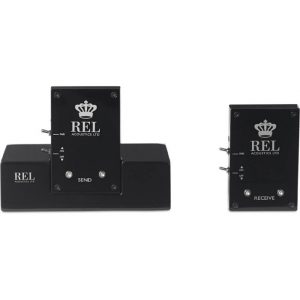 REL Acoustics wireless transmitter and receiver modules in black metal enclosures labeled SEND and RECEIVE.