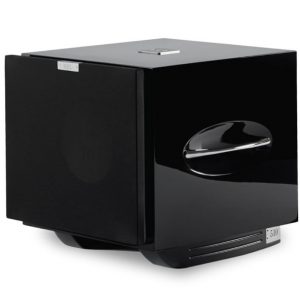 REL S/510 subwoofer, black enclosure with glossy front panel and fabric side.