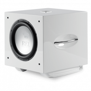 REL Acoustics LTD 812 subwoofer with white gloss cabinet and front-mounted large woofer