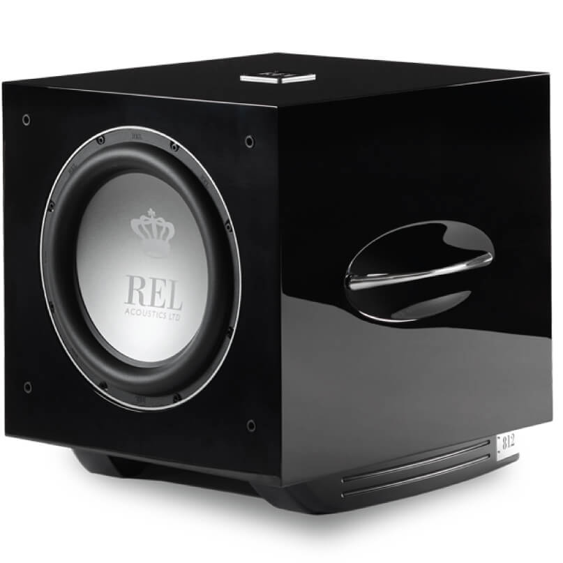 Rel S/812 Subwoofer Rel acoustics ltd 812 subwoofer with a large silver-coned driver in a glossy black cabinet.