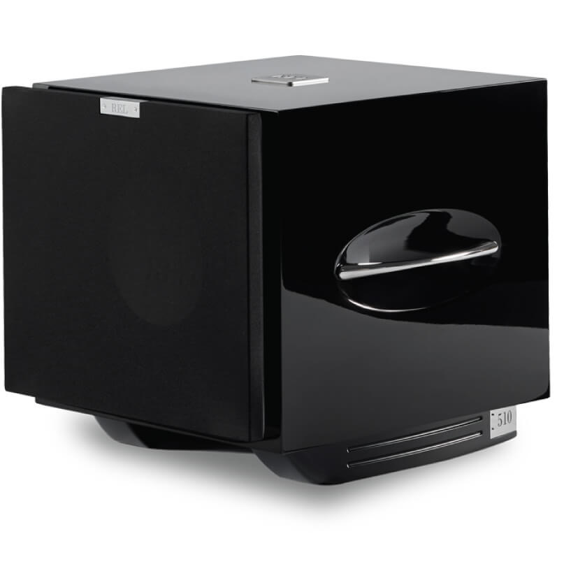 Rel S/812 Subwoofer Rel subwoofer e-510 with a black gloss cabinet, fabric front grille, and chrome curved handle.