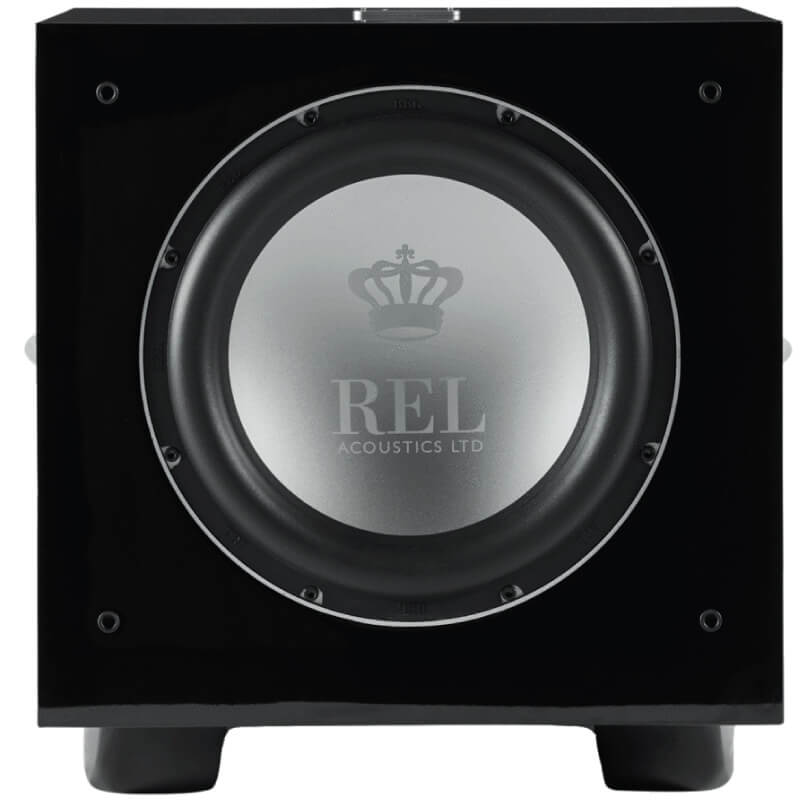 Rel S/812 Subwoofer Rel acoustics subwoofer with a large silver circular driver bearing the crown logo in a black cabinet