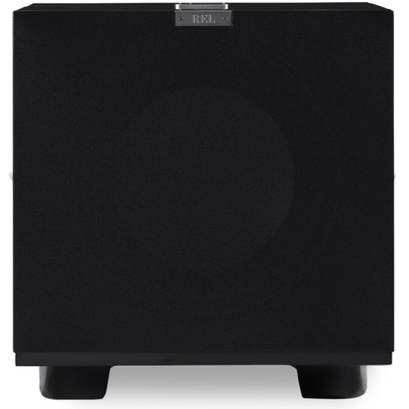 Rel S/812 Subwoofer Rel black subwoofer with textured front panel, circular driver visible beneath a metal badge, supported by short feet