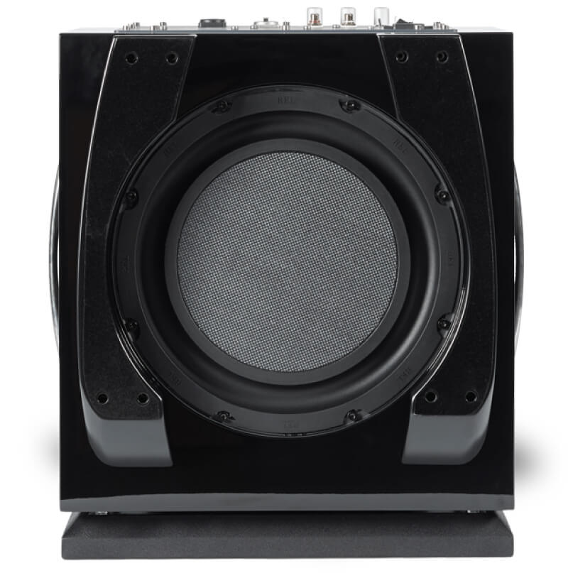 Rel S/812 Subwoofer Black subwoofer with large circular front driver and glossy enclosure on a pedestal base
