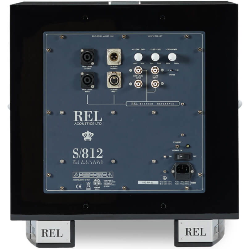 Rel S/812 Subwoofer Rel acoustics s/812 sub bass system with blue rear panel, multiple connectors and control knobs.