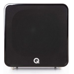 Black square subwoofer with rounded corners, white Q logo at bottom center.