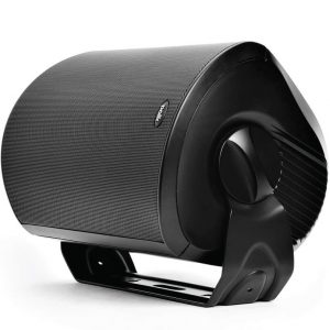 Polk loudspeaker with curved black mesh grille, large side knob, and integrated stand.