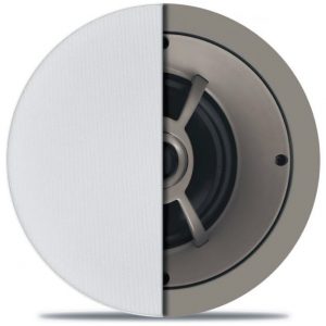 Circular ceiling speaker with a white perforated grille on the left and an exposed driver on the right.