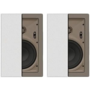 Pair of in-wall speakers with white front panels and beige inner enclosures, each showing a large woofer.